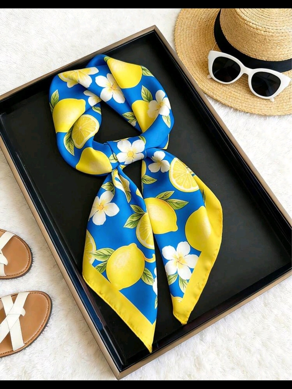 Blue & Yellow Lemon Print Scarf - Picture 2 of 4